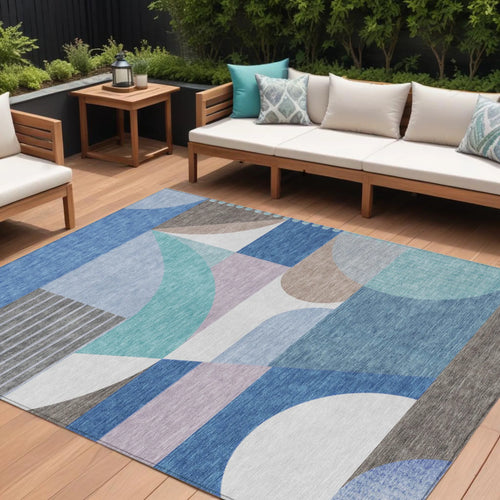 10' X 14' Sky Blue Teal Blue And Brown Geometric Washable Indoor Outdoor Area Rug